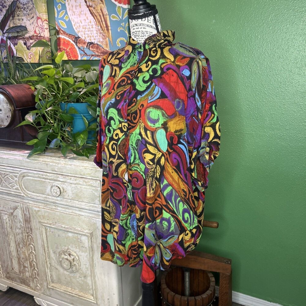 Vintage 90s Rayon Blouse Bright And Artsy Swirl Rainbow L